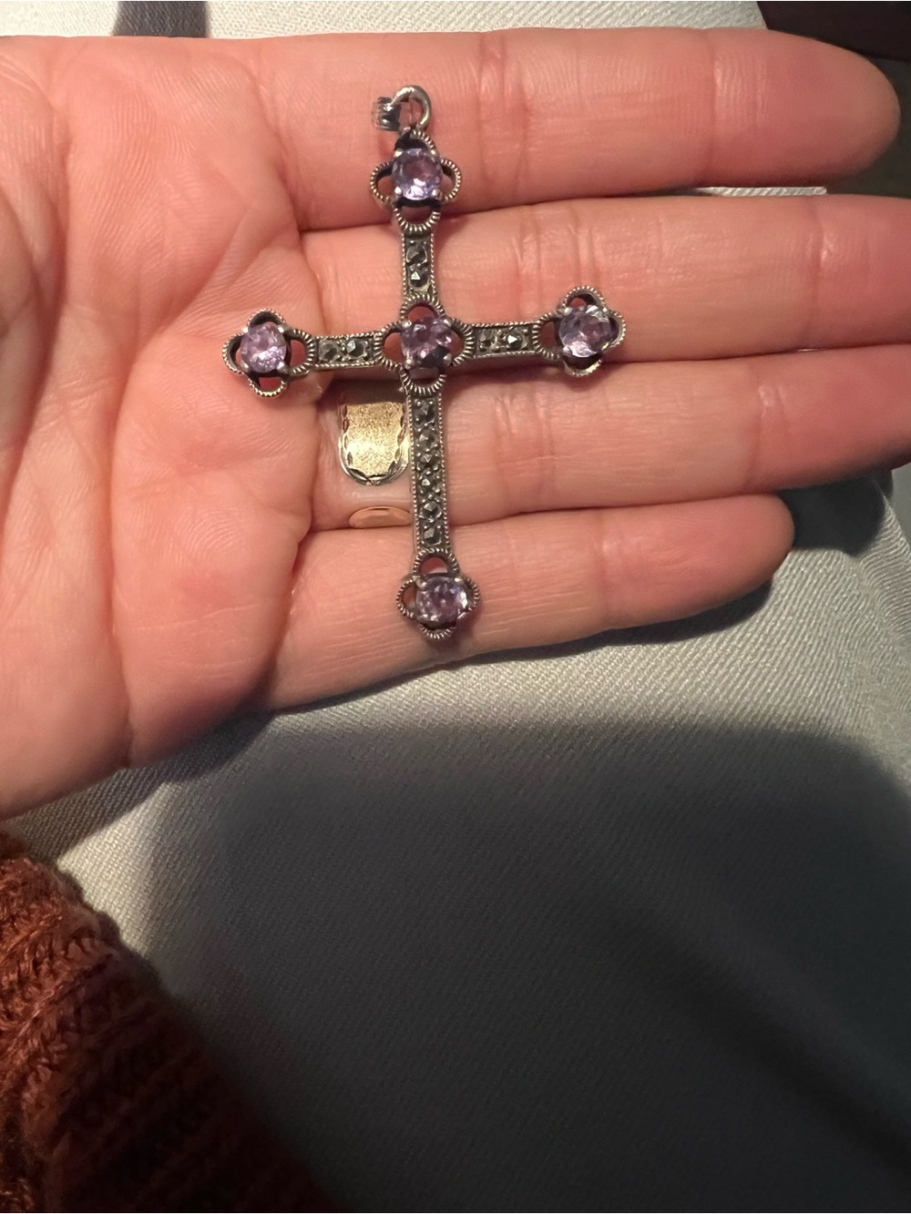 Vintage sterling Silver Cross Pendant with Light Purple amethyst gemstones.